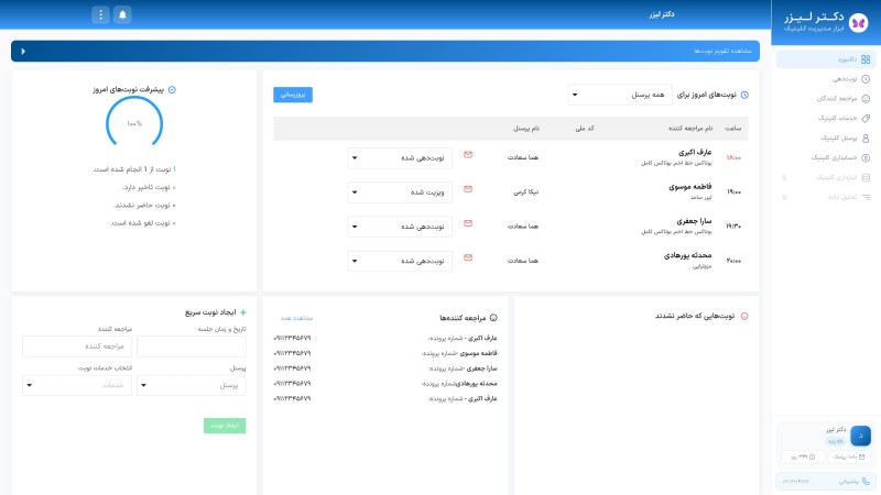 داشبورد مدیریتی دکتر لیزر شامل تقویم، نوبت‌ها و گزارشات